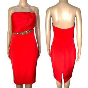 Marchesa Notte Strapless Jeweled Silk Red Cocktail Party Dress